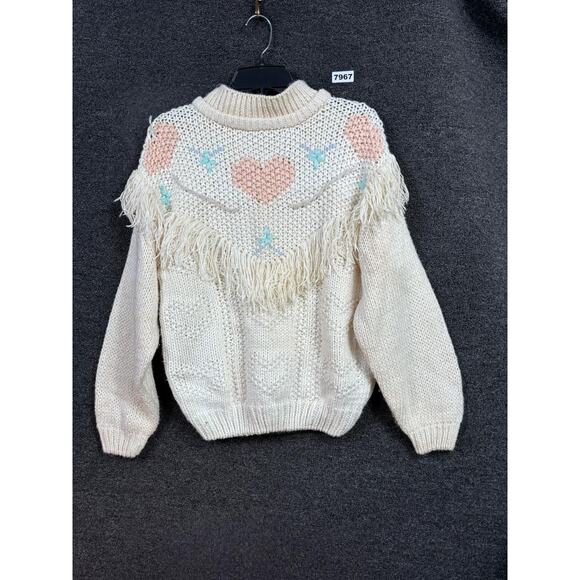 VTG Spice Of Life Sweater Womens Sz L White Fringe Heart Fair Isle Pullover Knit - Picture 1 of 6